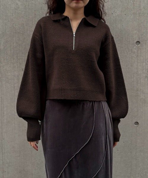 &g'aime（アンジェム）の「【&ｇ'aime 】ハーフジップポロニット　Half Zip Polo Knit（ニット/セーター・レディース・ブラック/グレイッシュベージュ/ブラウン・FREE）」の13枚目の写真