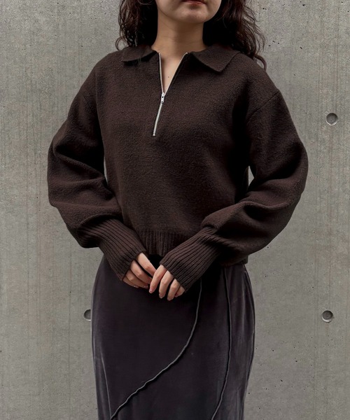 &g'aime（アンジェム）の「【&ｇ'aime 】ハーフジップポロニット　Half Zip Polo Knit（ニット/セーター・レディース・ブラック/グレイッシュベージュ/ブラウン・FREE）」の14枚目の写真