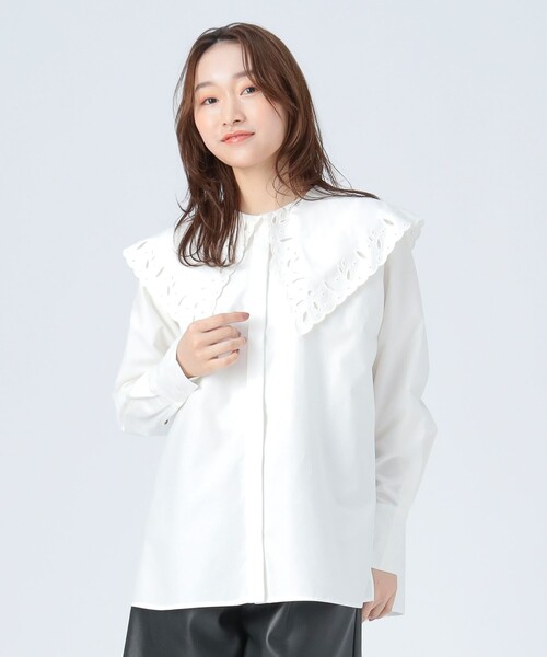 BEAMS HEART(ビームスハート)の「刺繍 ビッグカラー シャツ(シャツ/ブラウス・レディース・ブラック/サックスブルー/オフホワイト・FREE)」の2枚目の写真