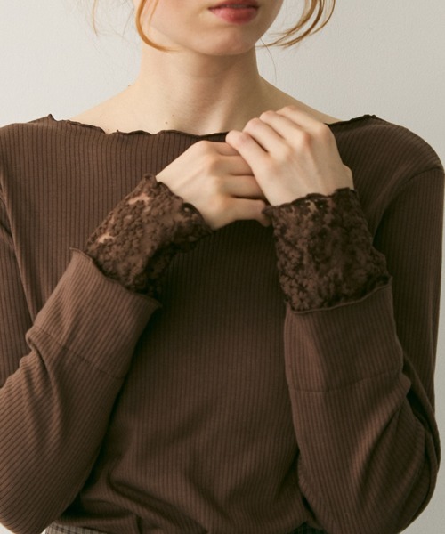 Crisp（クリスプ）の「フラワーレースカフメロウTシャツ（Tシャツ/カットソー・レディース・アイボリー/ブラウン/レッド・FREE）」の6枚目の写真