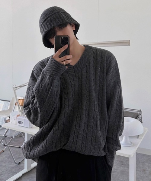 NOWLE(ノウル)の「【NOWLE】ケーブル編み Vネック プルオーバー ニット(ニット/セーター・メンズ・グレー/ダークブルー・X-LARGE/MEDIUM/LARGE)」の19枚目の写真