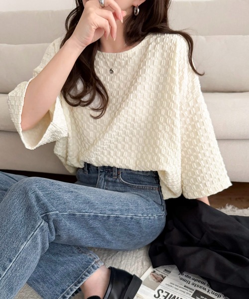 セール】凹凸がコーデを上品に彩る♪前後差フクレジャガード裾ドロスト
