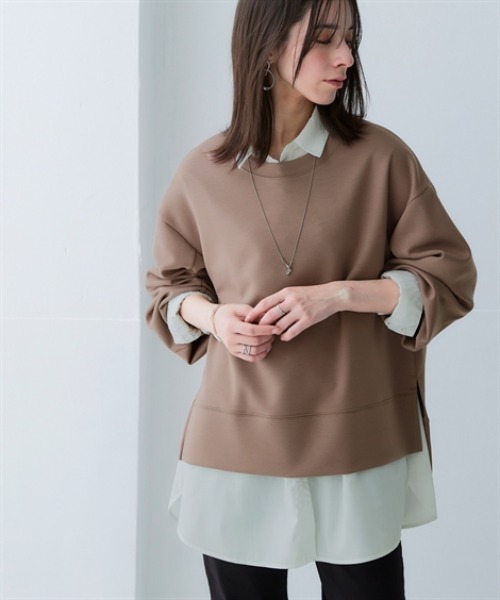 nissen（ニッセン）の「なめらかポンチ素材　サイドスリットプルオーバー（セットアップ可能）＜大きいサイズ有＞（Tシャツ/カットソー・レディース・モカ/パープル/ブラック/グレイッシュベージュ/グレイッシュブルー/チャコールグレー/ダークグリーン/レモンイエロー・M/L/LL/3L/S）」の3枚目の写真