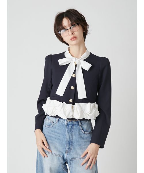 LILY BROWN(リリーブラウン)の「【限定カラー】3wayバブルヘムボウタイジャケット(ノーカラージャケット・レディース・グレー/ベージュ/ネイビー/ドット・F)」の21枚目の写真