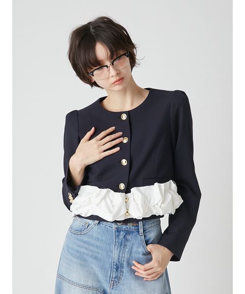 LILY BROWN(リリーブラウン)の「【限定カラー】3wayバブルヘムボウタイジャケット(ノーカラージャケット・レディース・グレー/ベージュ/ネイビー/ドット・F)」の6枚目の写真