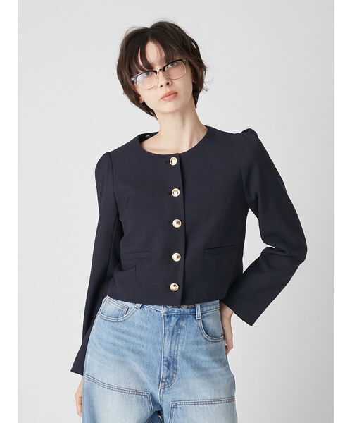 LILY BROWN(リリーブラウン)の「【限定カラー】3wayバブルヘムボウタイジャケット(ノーカラージャケット・レディース・グレー/ベージュ/ネイビー/ドット・F)」の7枚目の写真