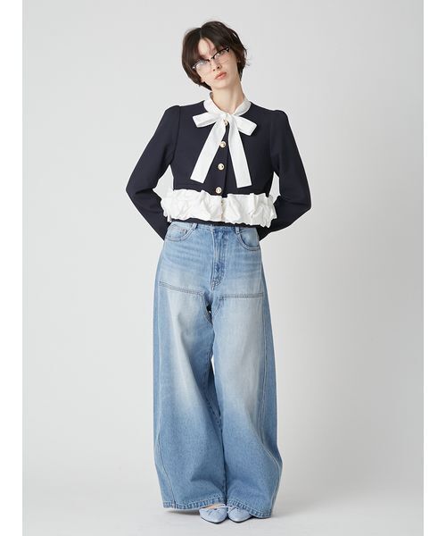 LILY BROWN(リリーブラウン)の「【限定カラー】3wayバブルヘムボウタイジャケット(ノーカラージャケット・レディース・グレー/ベージュ/ネイビー/ドット・F)」の8枚目の写真