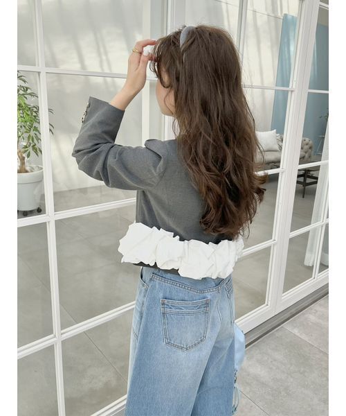 LILY BROWN(リリーブラウン)の「【限定カラー】3wayバブルヘムボウタイジャケット(ノーカラージャケット・レディース・グレー/ベージュ/ネイビー/ドット・F)」の11枚目の写真