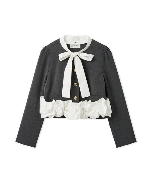 LILY BROWN(リリーブラウン)の「【限定カラー】3wayバブルヘムボウタイジャケット(ノーカラージャケット・レディース・グレー/ベージュ/ネイビー/ドット・F)」の12枚目の写真