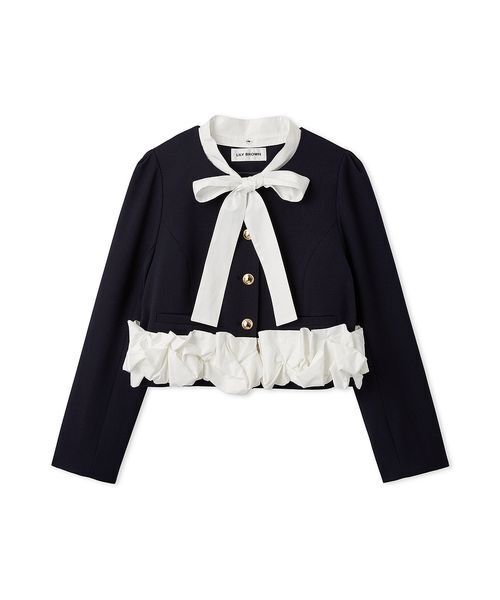 LILY BROWN(リリーブラウン)の「【限定カラー】3wayバブルヘムボウタイジャケット(ノーカラージャケット・レディース・グレー/ベージュ/ネイビー/ドット・F)」の13枚目の写真