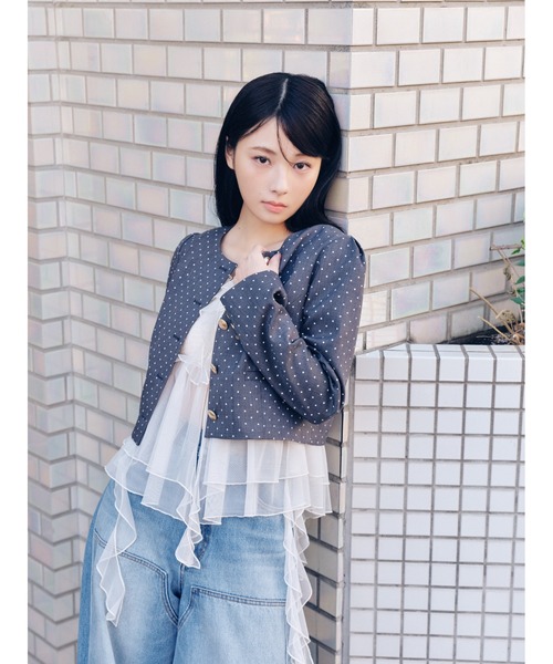 LILY BROWN(リリーブラウン)の「【限定カラー】3wayバブルヘムボウタイジャケット(ノーカラージャケット・レディース・グレー/ベージュ/ネイビー/ドット・F)」の18枚目の写真