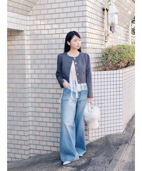 LILY BROWN(リリーブラウン)の「【限定カラー】3wayバブルヘムボウタイジャケット(ノーカラージャケット・レディース・グレー/ベージュ/ネイビー/ドット・F)」の19枚目の写真