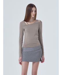 Curved Neck Slit T-Shirt, Ash Brown
