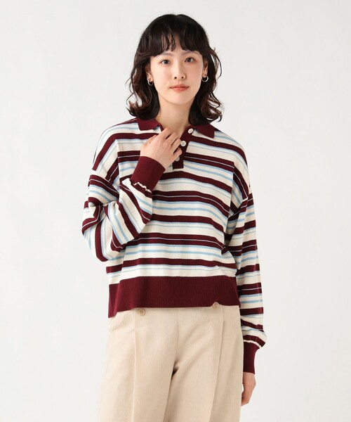 BEAMS HEART(ビームスハート)の「マルチボーダー ポロニット プルオーバー(ニット/セーター・レディース・ホワイト系その他5/ワイン/チャコールグレー・FREE)」の2枚目の写真