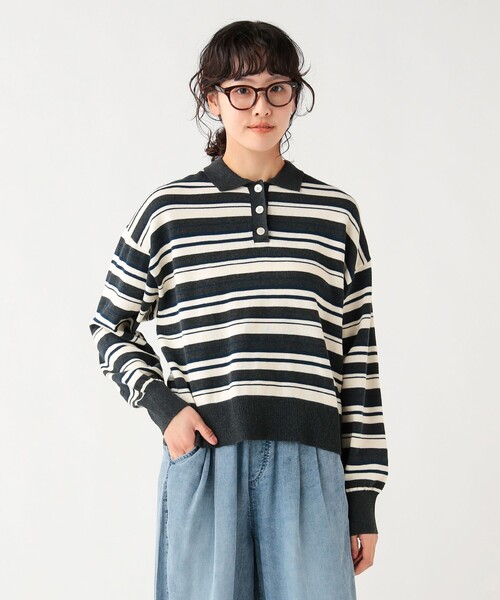 BEAMS HEART(ビームスハート)の「マルチボーダー ポロニット プルオーバー(ニット/セーター・レディース・ホワイト系その他5/ワイン/チャコールグレー・FREE)」の1枚目の写真
