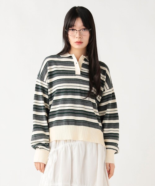 BEAMS HEART(ビームスハート)の「マルチボーダー ポロニット プルオーバー(ニット/セーター・レディース・ホワイト系その他5/ワイン/チャコールグレー・FREE)」の3枚目の写真