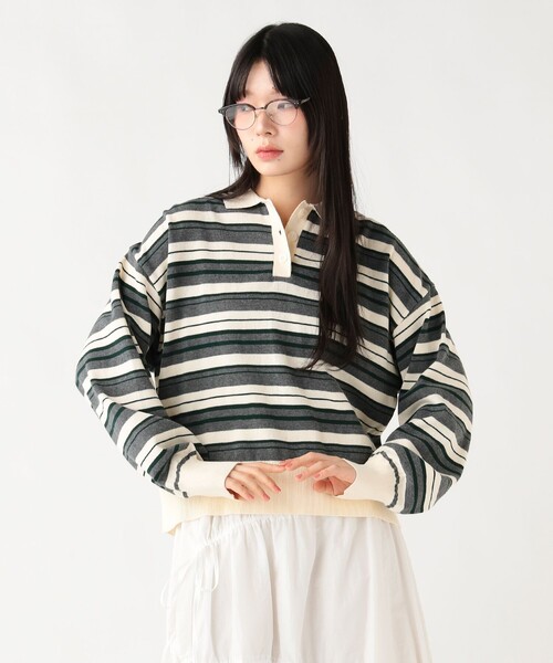 BEAMS HEART(ビームスハート)の「マルチボーダー ポロニット プルオーバー(ニット/セーター・レディース・ホワイト系その他5/ワイン/チャコールグレー・FREE)」の6枚目の写真