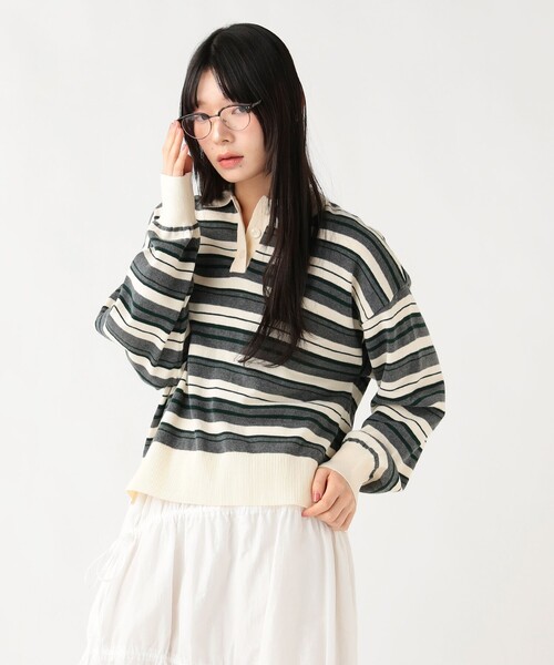 BEAMS HEART(ビームスハート)の「マルチボーダー ポロニット プルオーバー(ニット/セーター・レディース・ホワイト系その他5/ワイン/チャコールグレー・FREE)」の7枚目の写真