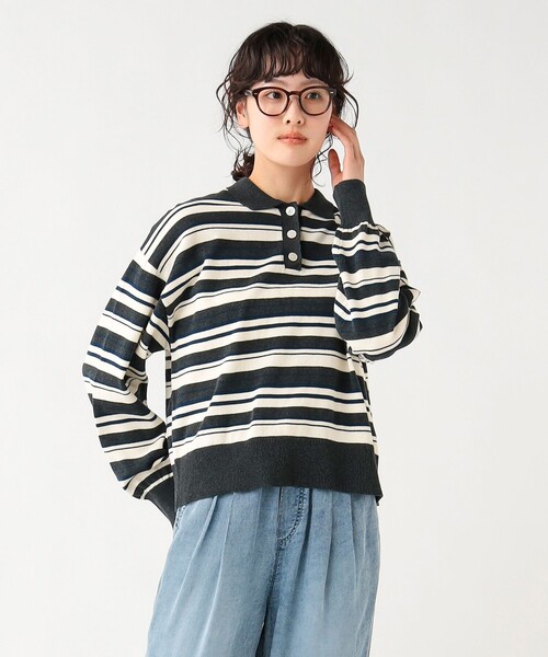 BEAMS HEART(ビームスハート)の「マルチボーダー ポロニット プルオーバー(ニット/セーター・レディース・ホワイト系その他5/ワイン/チャコールグレー・FREE)」の10枚目の写真