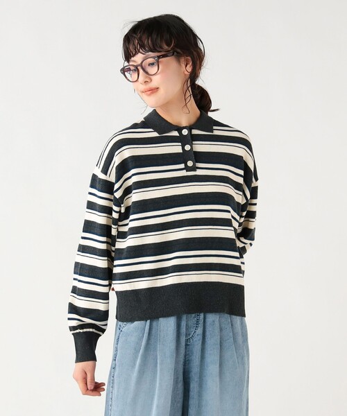 BEAMS HEART(ビームスハート)の「マルチボーダー ポロニット プルオーバー(ニット/セーター・レディース・ホワイト系その他5/ワイン/チャコールグレー・FREE)」の11枚目の写真