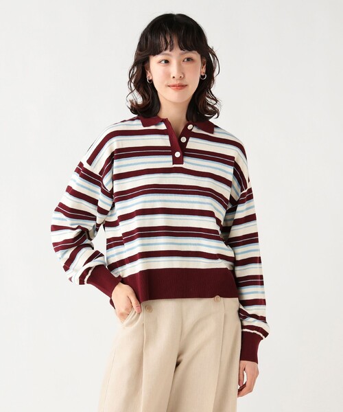 BEAMS HEART(ビームスハート)の「マルチボーダー ポロニット プルオーバー(ニット/セーター・レディース・ホワイト系その他5/ワイン/チャコールグレー・FREE)」の14枚目の写真