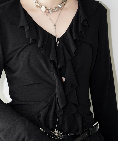 chuclla(チュクラ)の「ラッフルVネックトップス chw26s081(Tシャツ/カットソー・レディース・ブラック・FREE)」の8枚目の写真