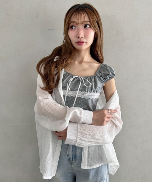 Loueme(ルエム)の「リボンレースバックスリットシアーシャツ(シャツ/ブラウス・レディース・ライトブルー/ホワイト/ピンク・FREE)」の12枚目の写真