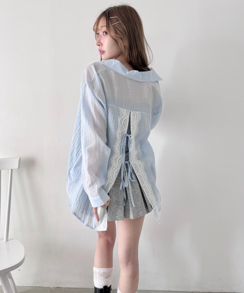 Loueme(ルエム)の「リボンレースバックスリットシアーシャツ(シャツ/ブラウス・レディース・ライトブルー/ホワイト/ピンク・FREE)」の18枚目の写真