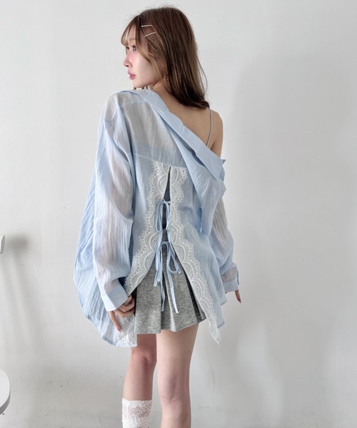 Loueme(ルエム)の「リボンレースバックスリットシアーシャツ(シャツ/ブラウス・レディース・ライトブルー/ホワイト/ピンク・FREE)」の17枚目の写真