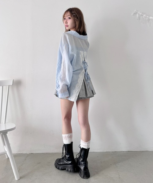 Loueme(ルエム)の「リボンレースバックスリットシアーシャツ(シャツ/ブラウス・レディース・ライトブルー/ホワイト/ピンク・FREE)」の15枚目の写真