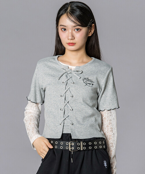 ZIDDY（ジディ）の「チュールレースアップTシャツセット(130~160cm)（その他トップス・キッズ・グレー/ブラック・150cm/140cm/130cm/FREE）」の2枚目の写真