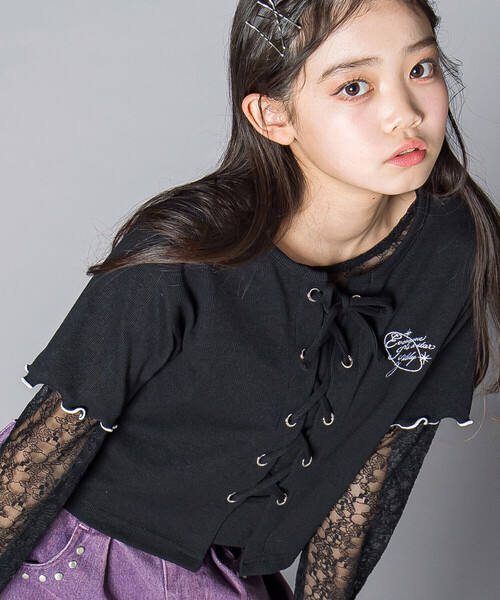 ZIDDY（ジディ）の「チュールレースアップTシャツセット(130~160cm)（その他トップス・キッズ・グレー/ブラック・150cm/140cm/130cm/FREE）」の7枚目の写真