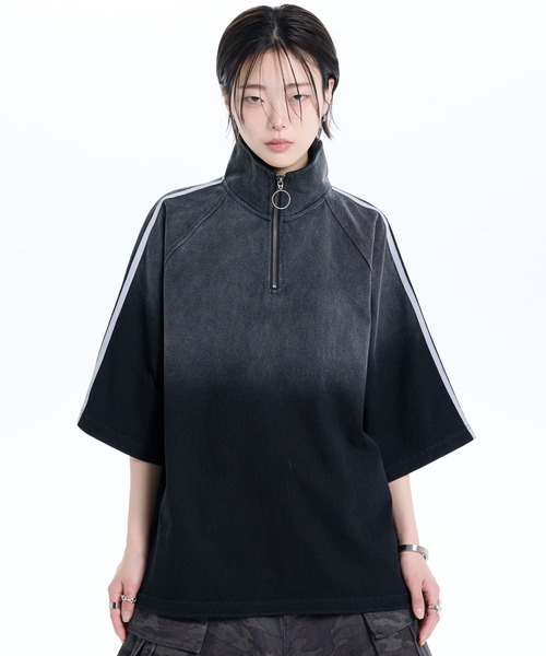 Over Size Line Sleeve Half-Zip Tee / オーバーサイズ ラインスリーブ