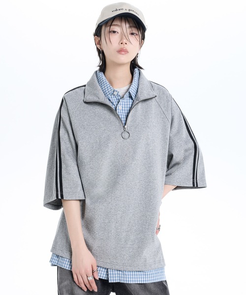 Over Size Line Sleeve Half-Zip Tee / オーバーサイズ ラインスリーブ