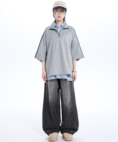 Over Size Line Sleeve Half-Zip Tee / オーバーサイズ ラインスリーブ
