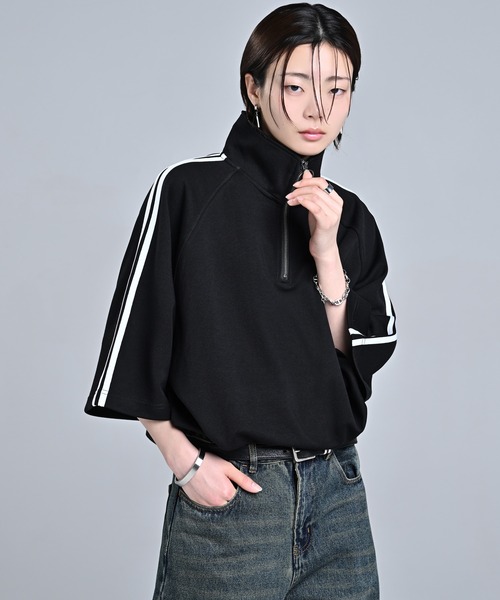 Over Size Line Sleeve Half-Zip Tee / オーバーサイズ ラインスリーブ