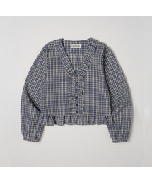 Ruffle v-neck check blouse [FRSP05BL01]_Blue