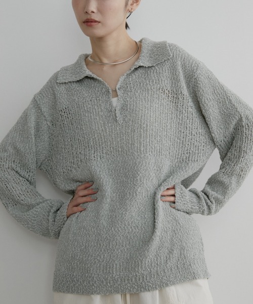 Aunt Marie's(アントマリーズ)の「フロントホックポロニット(ニット/セーター・レディース・ナチュラル/ネイビー/ライトグリーン・FREE)」の6枚目の写真