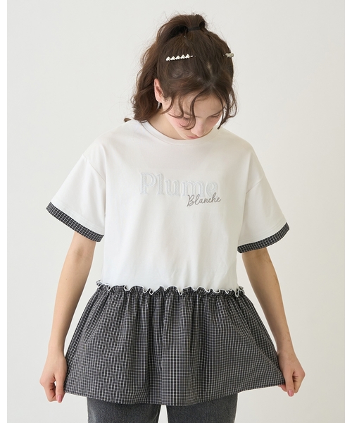 pom ponette junior(ポンポネットジュニア)の「【接触冷感】ペプラムチェックプルオーバー(Tシャツ/カットソー・キッズ・ブラック/オフホワイト・L:160cm/S:140cm/M:150cm)」の2枚目の写真