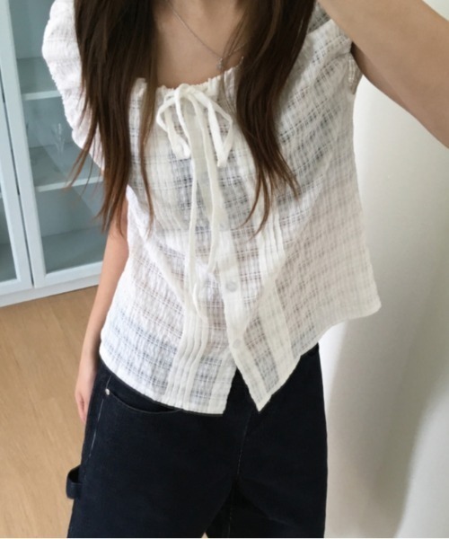 Vipoa（ヴィポア）の「チェック柄シングルブレストシャツ（シャツ/ブラウス・レディース・グリーン/ホワイト/ブラック・FREE）」の4枚目の写真