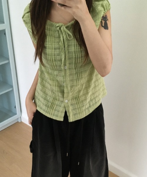 Vipoa（ヴィポア）の「チェック柄シングルブレストシャツ（シャツ/ブラウス・レディース・グリーン/ホワイト/ブラック・FREE）」の10枚目の写真