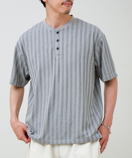GLOSTER(グロスター)の「シアージャガード ヘンリーネックTシャツ(Tシャツ/カットソー・メンズ・ブラック/カーキ/グレー/チャコールグレー・L/M/S)」の4枚目の写真