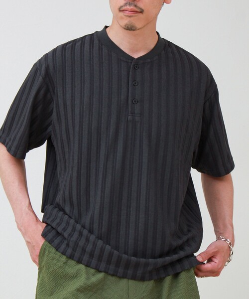 GLOSTER(グロスター)の「シアージャガード ヘンリーネックTシャツ(Tシャツ/カットソー・メンズ・ブラック/カーキ/グレー/チャコールグレー・L/M/S)」の7枚目の写真