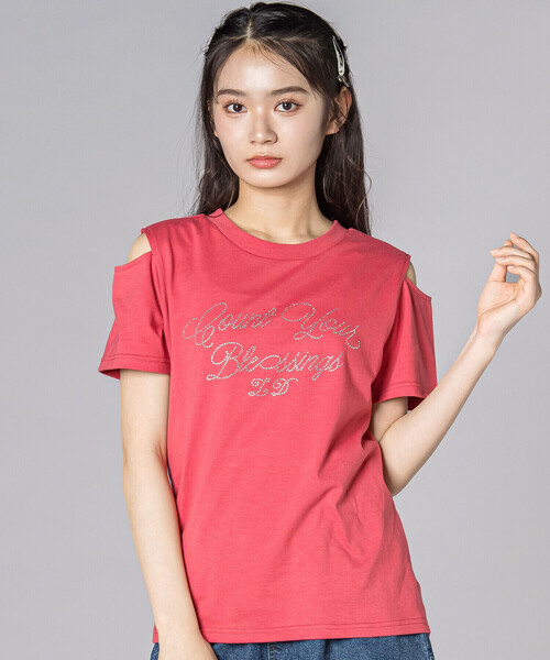 ZIDDY(ジディ)の「【接触冷感】ラインストーン肩あきTシャツ(130~160cm)(Tシャツ/カットソー・キッズ・ブラック/レッド・FREE/150cm/130cm/140cm)」の1枚目の写真