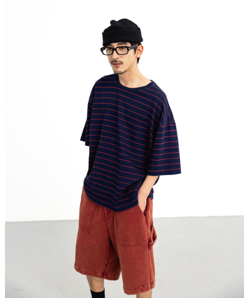 ANGLAN(アングラン)の「Denim Striped Tee - Red(Tシャツ/カットソー・メンズ・その他・1/2)」の2枚目の写真
