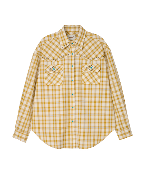 ERER(エルエル)の「Oversized Sheer Studded Check Shirt Yellow(シャツ/ブラウス・レディース・イエロー・F)」の7枚目の写真