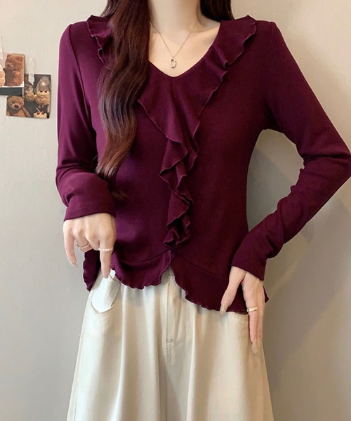 2ly2(トゥーリートゥー)の「フリルデザイン Vネック ペプラムトップス / フェミニン フリルカットソー(Tシャツ/カットソー・レディース・ボルドー/パープル/ブラック/ベージュ・FREE)」の10枚目の写真