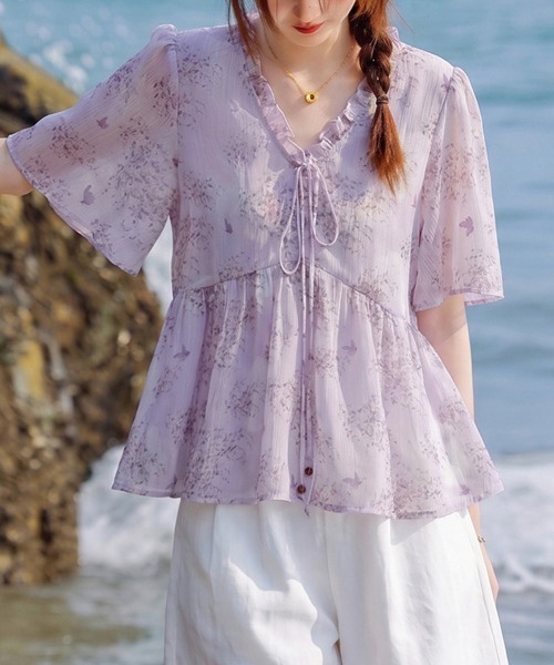ONEP STAR(ワンピスター)の「花柄Vネックペプラムブラウス(シャツ/ブラウス・レディース・パープル・MEDIUM/LARGE/X-LARGE)」の3枚目の写真