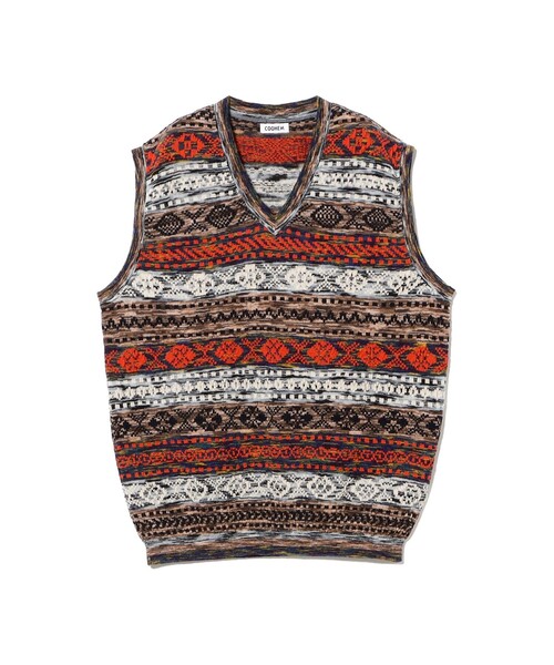 fennica(フェニカ)の「COOHEM / 3D FAIR ISLE KNIT VEST(ベスト・メンズ・レッド/ブラウン・LARGE)」の1枚目の写真