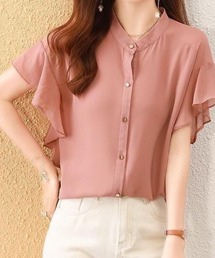 バンドカラー ラッフルフリルスリーブ シフォンブラウス